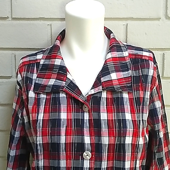 Christopher & Banks Stretch Plaid Button Down Blouse. Size Large. NWOT - Picture 2 of 11